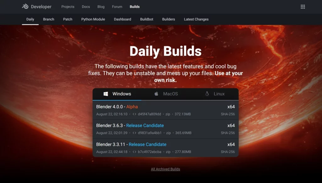 The daily builds section on the Blender website