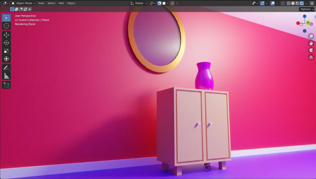A render of an interior scene using a drawer, a vase and a mirror